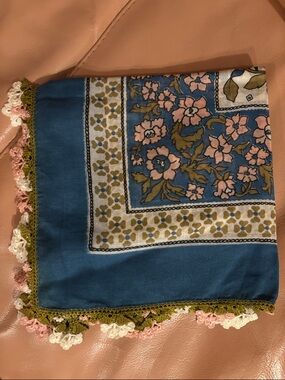 Blue Floral Crochet Trim Scarf - Pink & Olive Accents